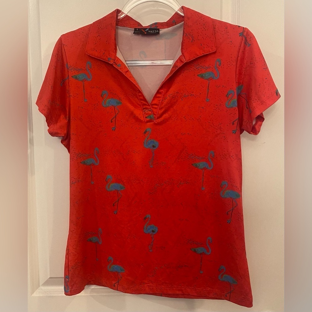 Yatta Golf Shirt Sz S Red w/Teal Flamingos Pit To Pit 20” Shoulder To Hem 24”